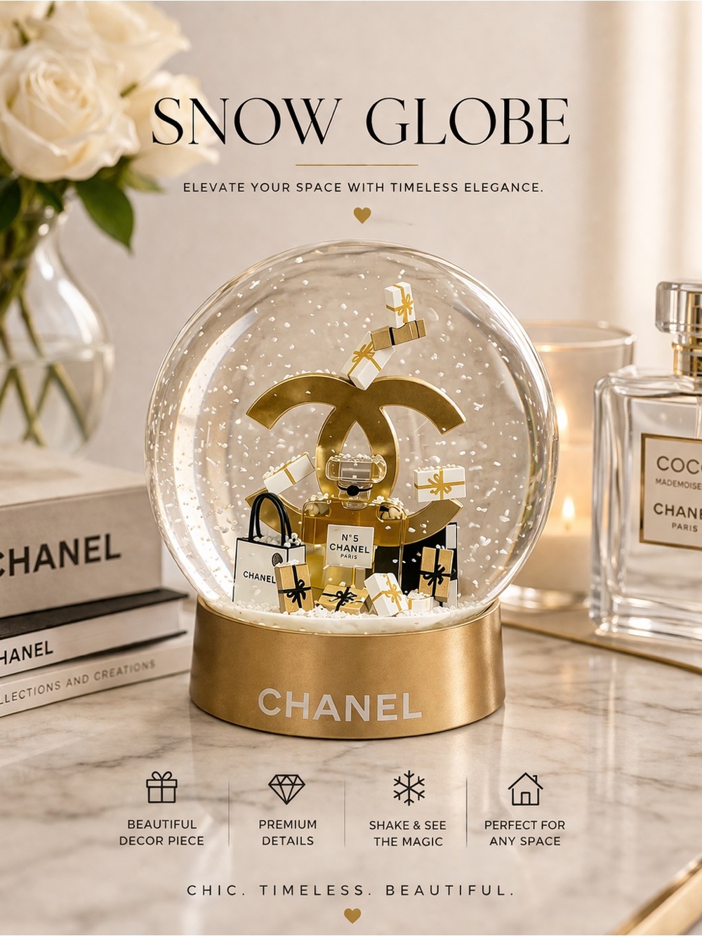 Limited edition CHANEL Gold and Black Snow Globe Holiday Ornament